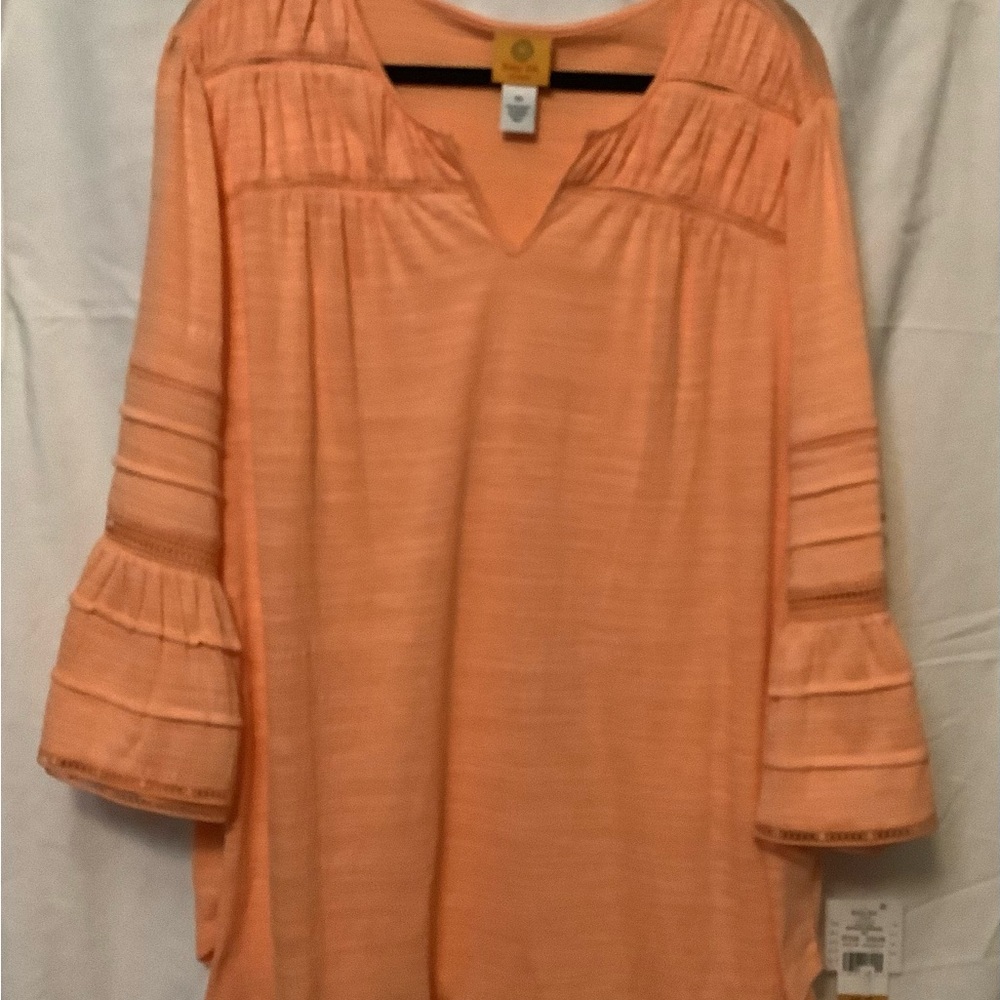 Ruby Rd. Orange Bell Sleeve Blouse with Pleated Details